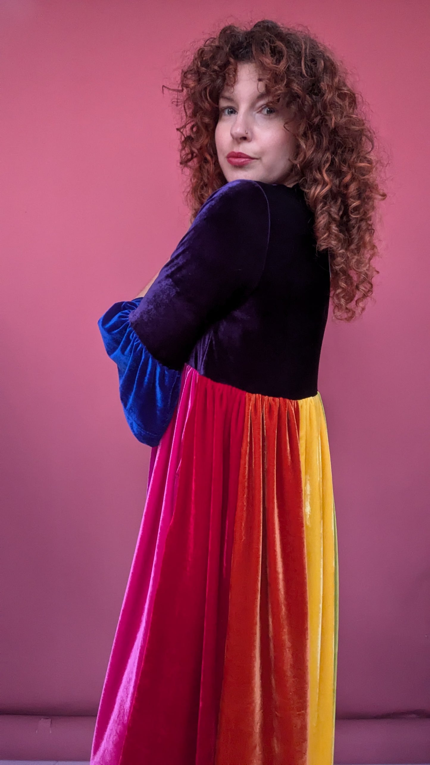 Velvet Rainbow Ruffle Smock Dress