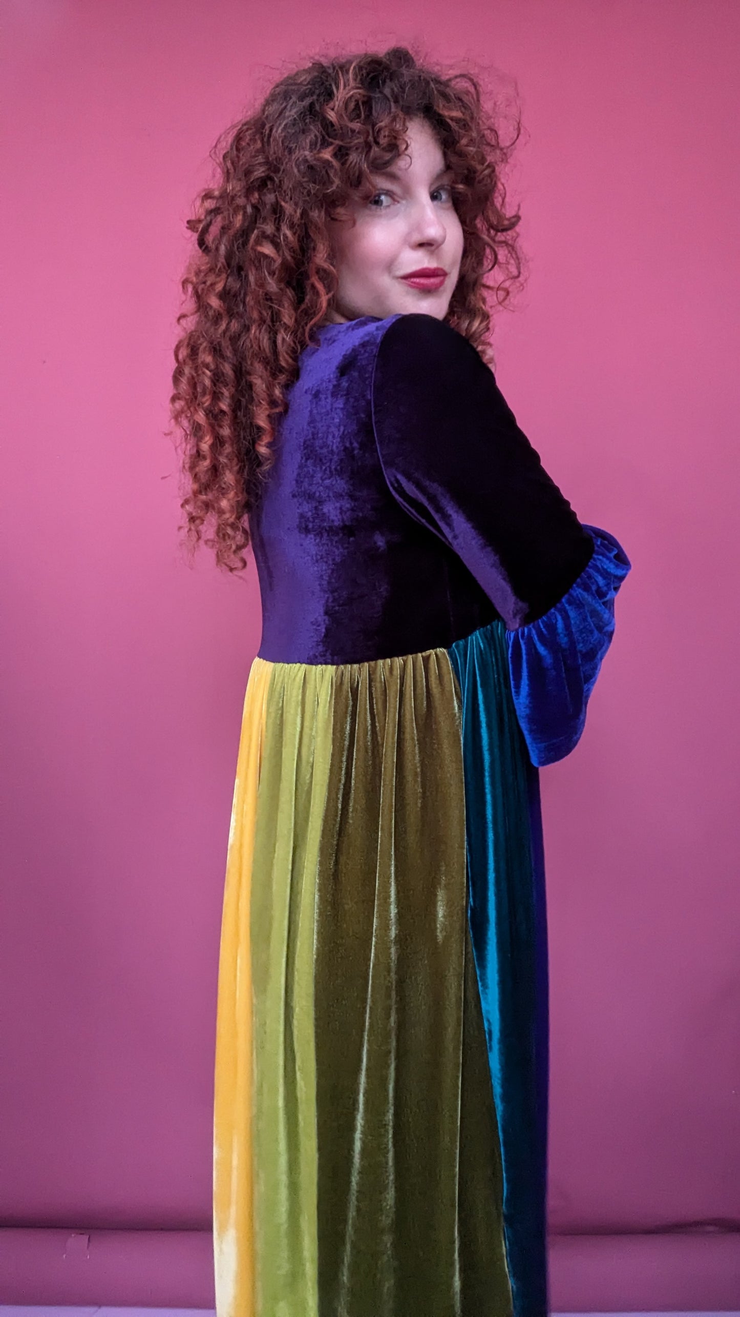 Velvet Rainbow Ruffle Smock Dress