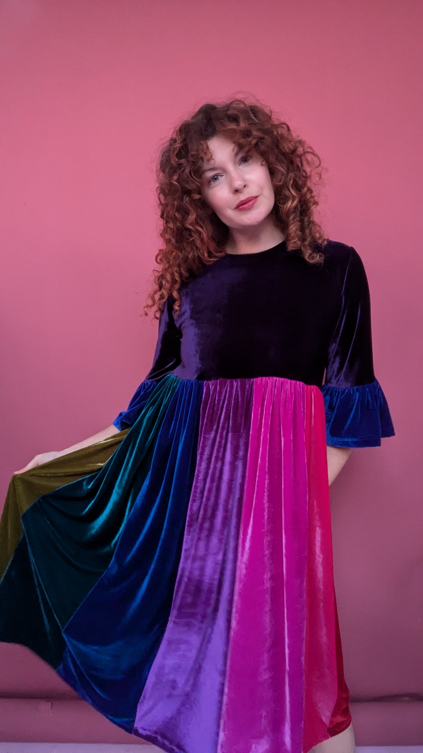 Velvet Rainbow Ruffle Smock Dress