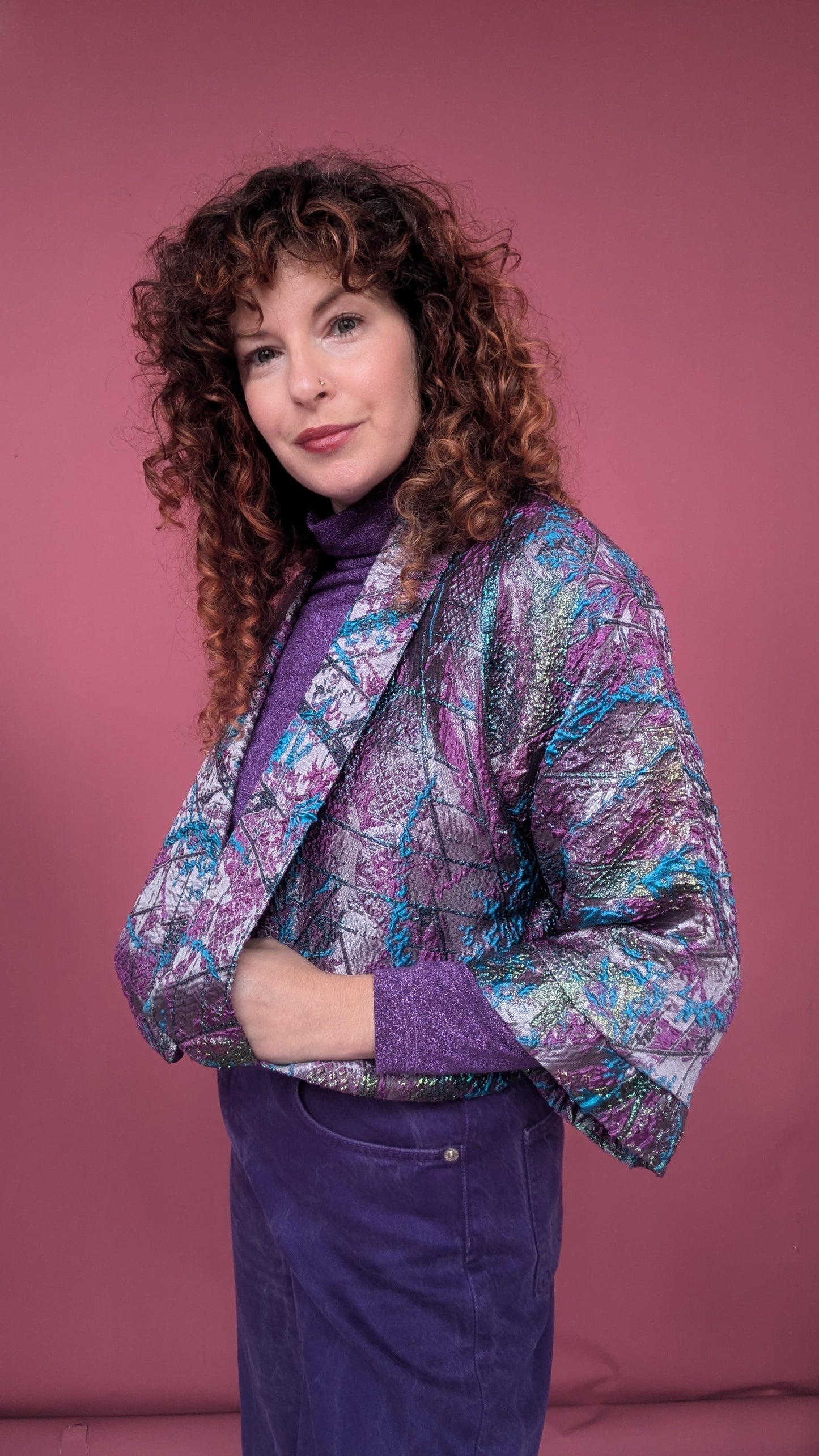 Cropped Kimono Jacket in Purple an Teal