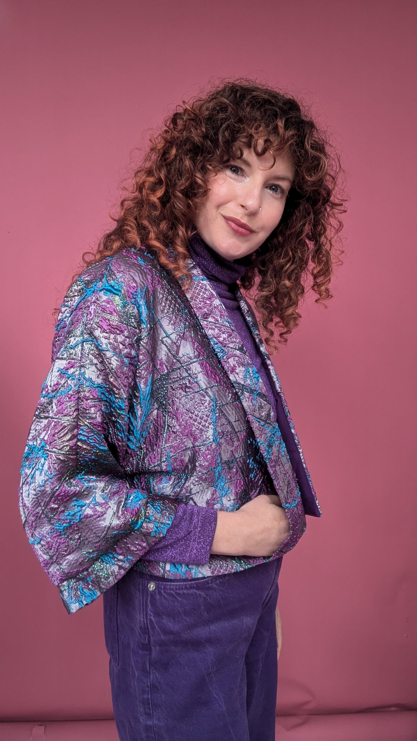 Cropped Kimono Jacket in Purple an Teal