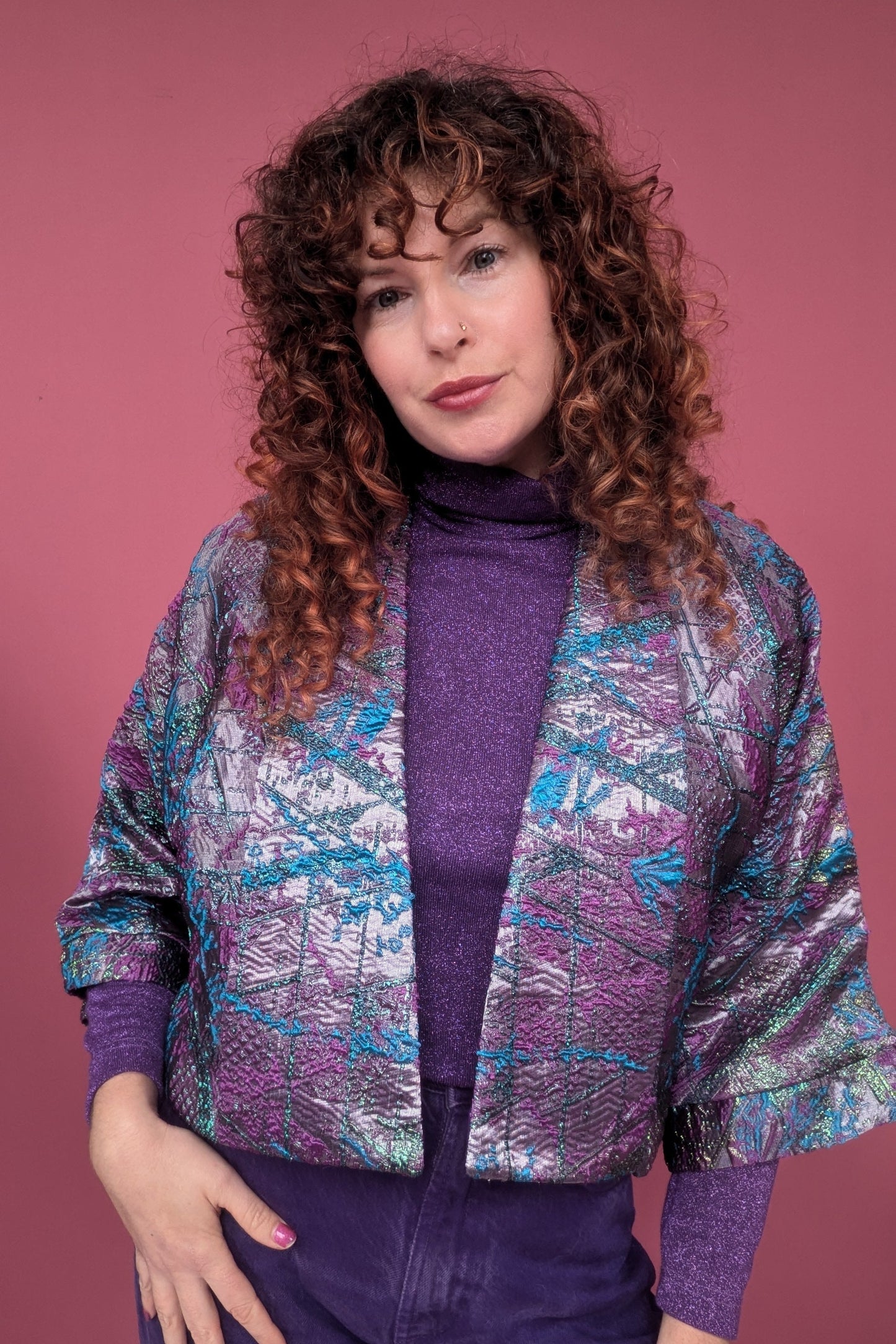 Cropped Kimono Jacket in Purple an Teal