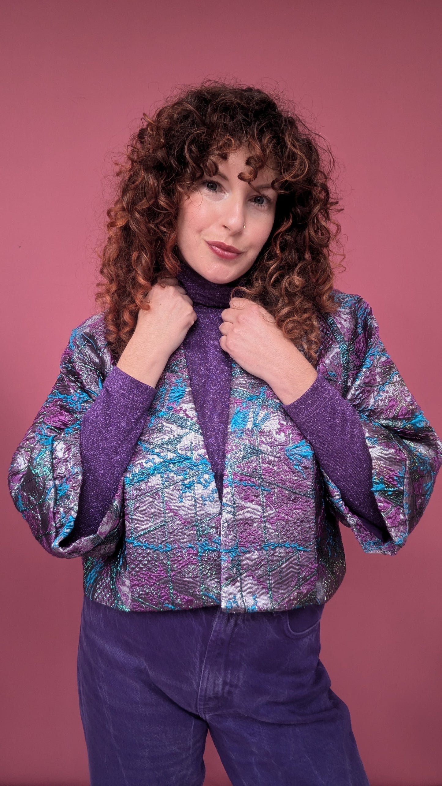 Cropped Kimono Jacket in Purple an Teal