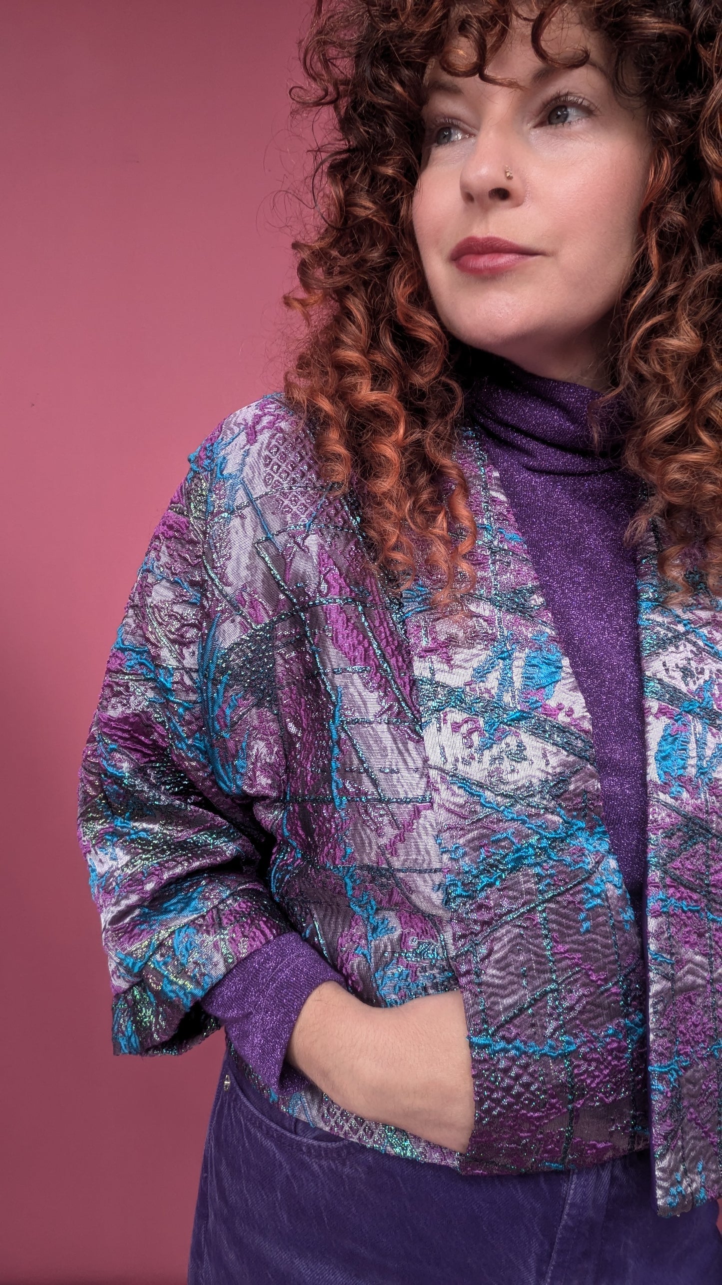 Cropped Kimono Jacket in Purple an Teal