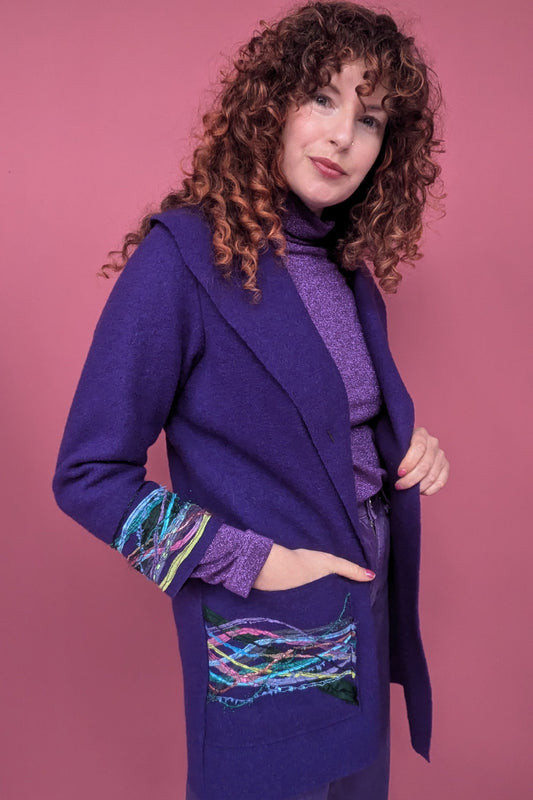 Embellished Short Wool Coat in Purple Peacock
