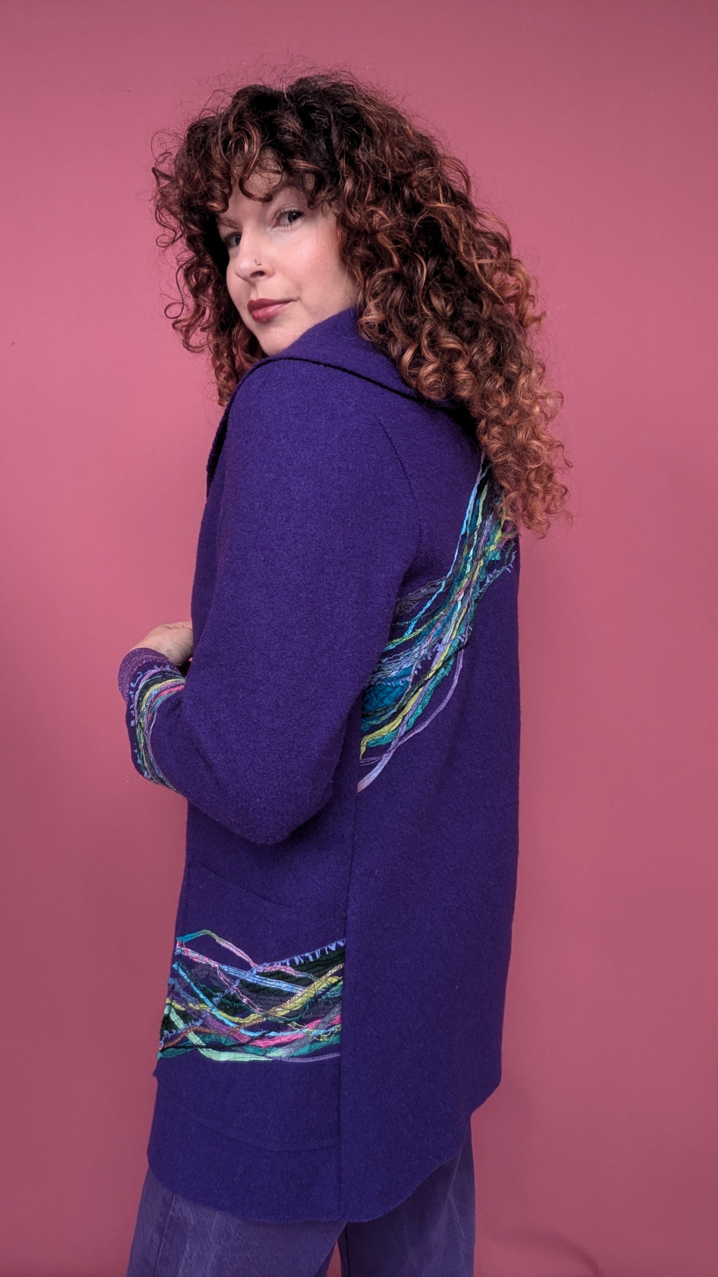 Embellished Short Wool Coat in Purple Peacock