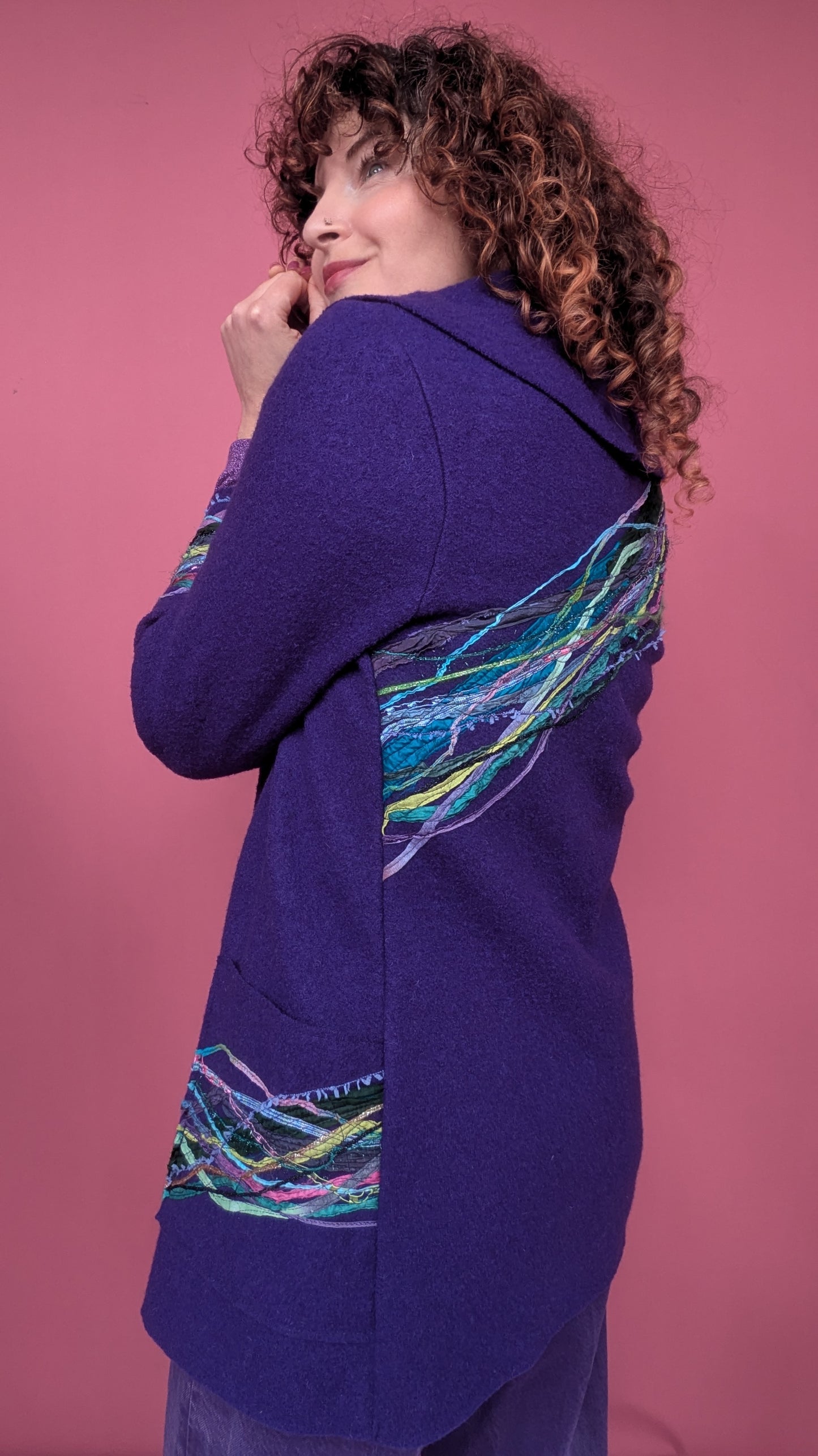 Embellished Short Wool Coat in Purple Peacock