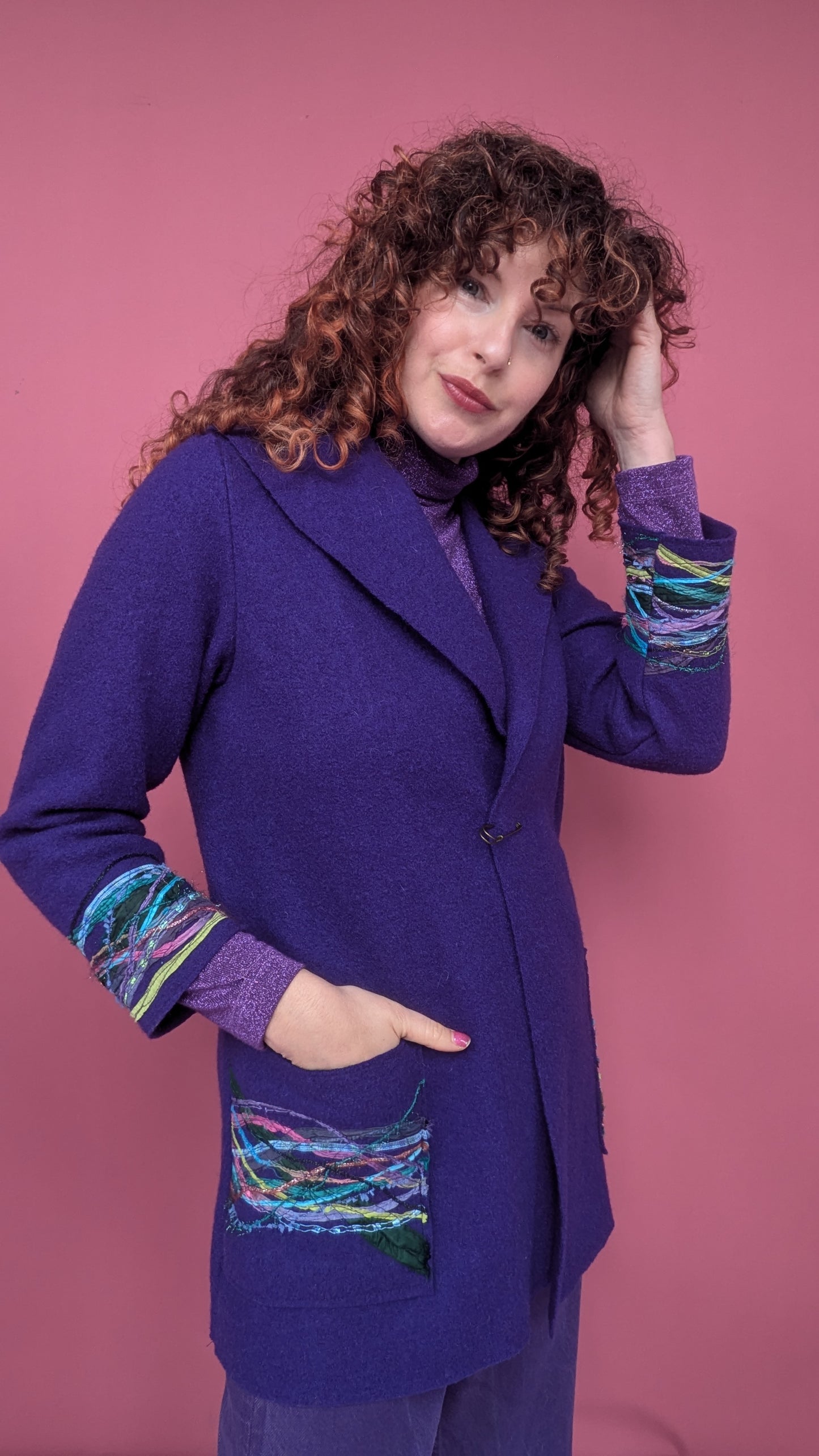 Embellished Short Wool Coat in Purple Peacock
