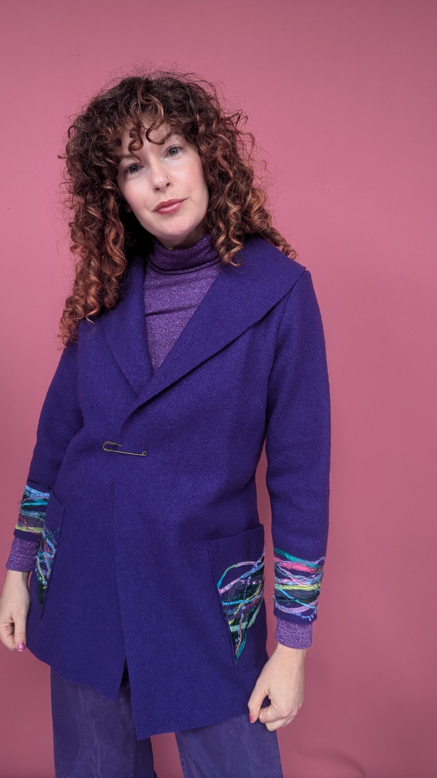 Embellished Short Wool Coat in Purple Peacock