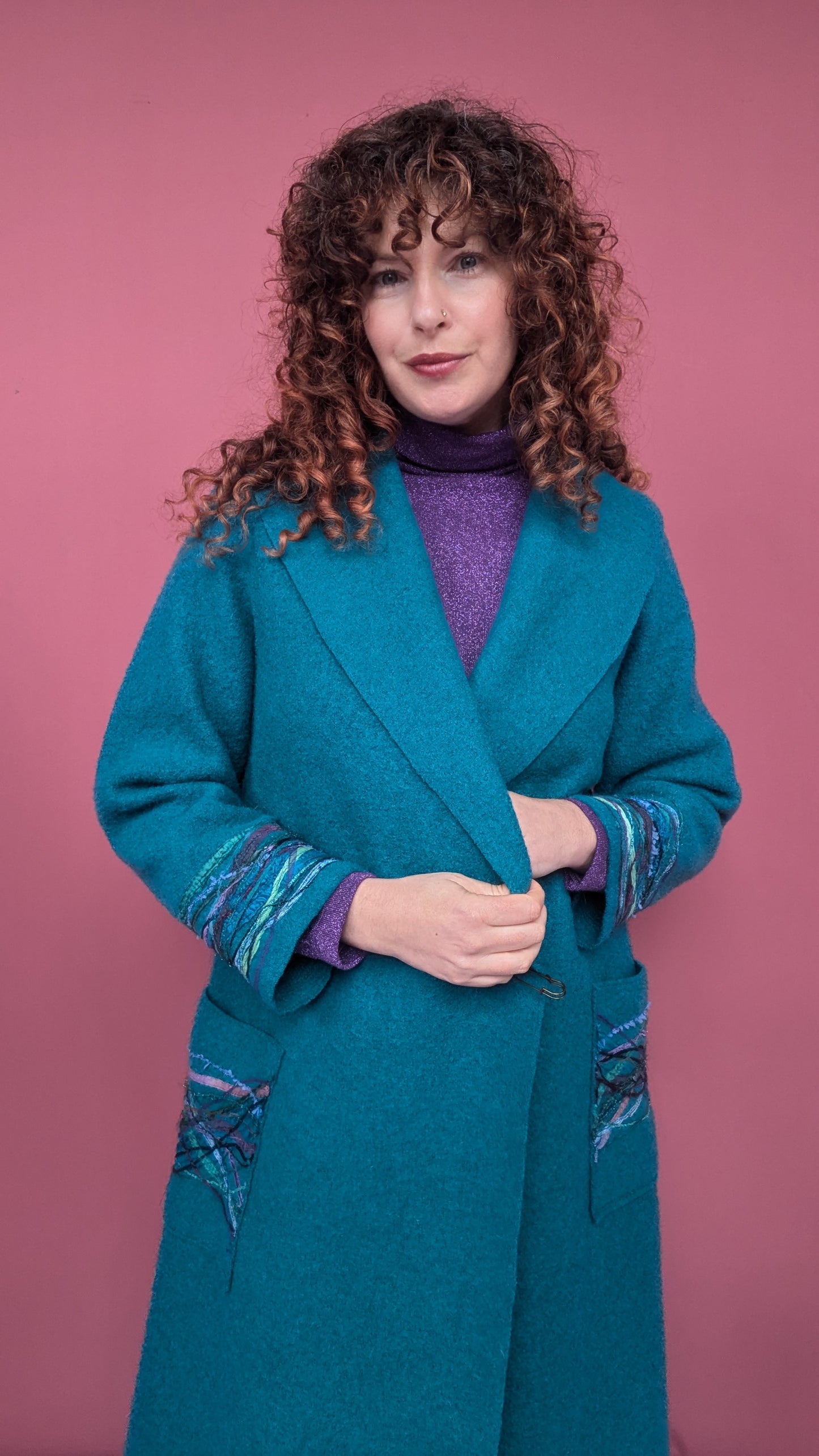 Embellished Long Wool Coat in Ocean