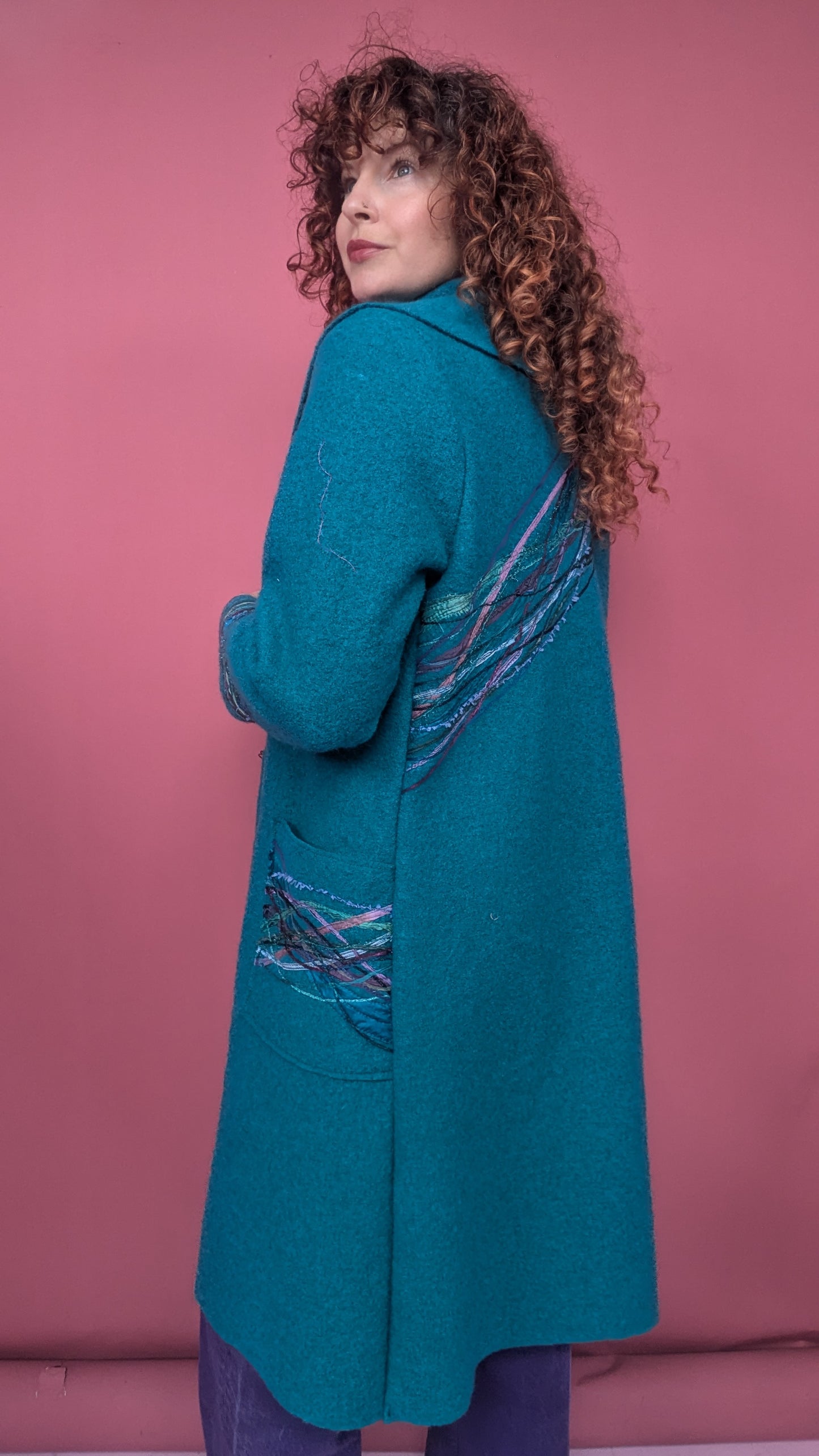 Embellished Long Wool Coat in Ocean
