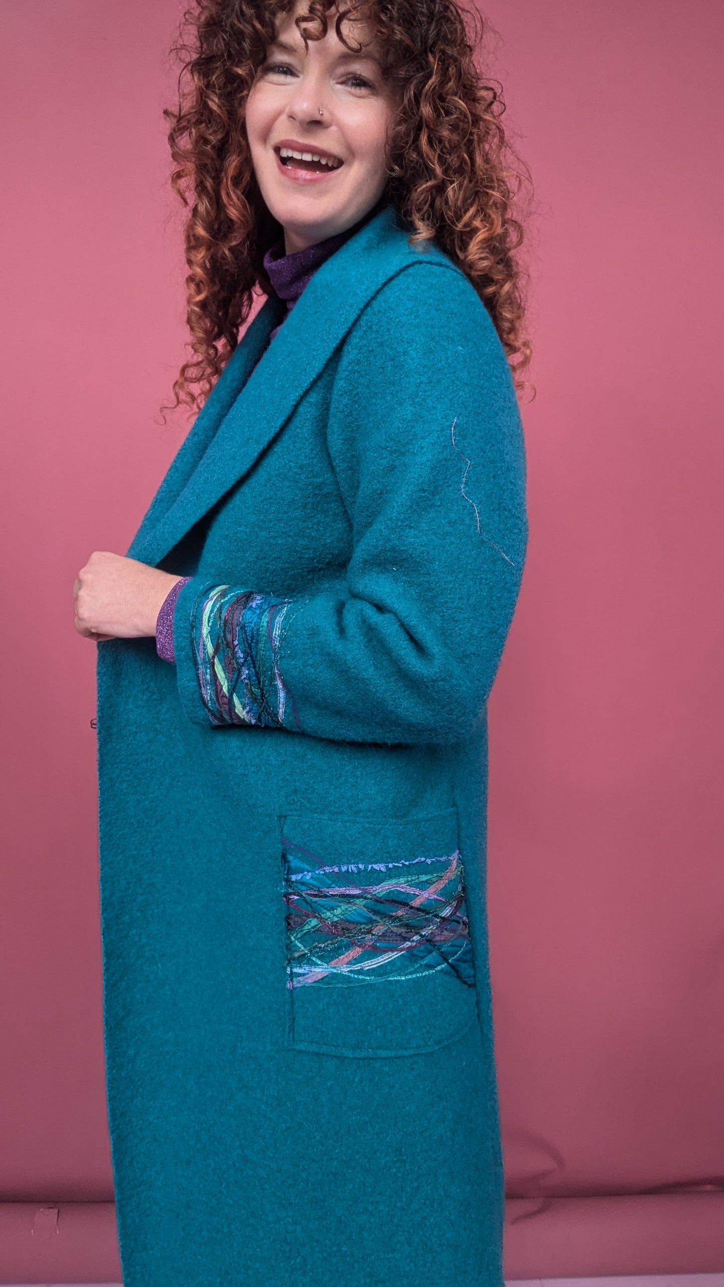 Embellished Long Wool Coat in Ocean