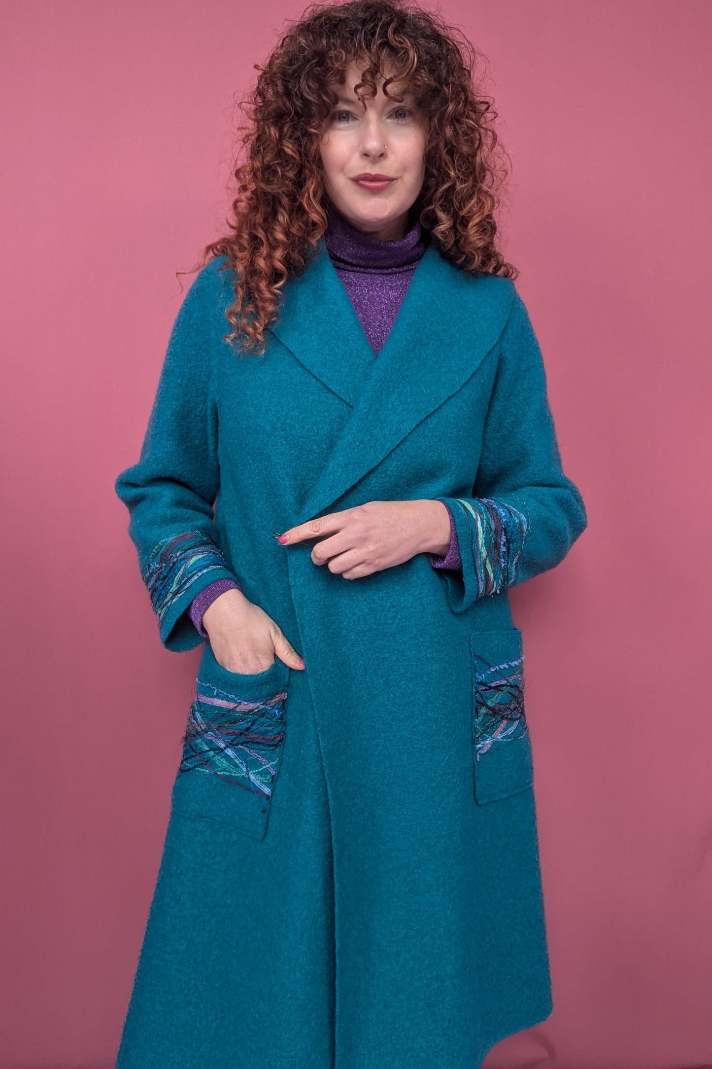Embellished Long Wool Coat in Ocean