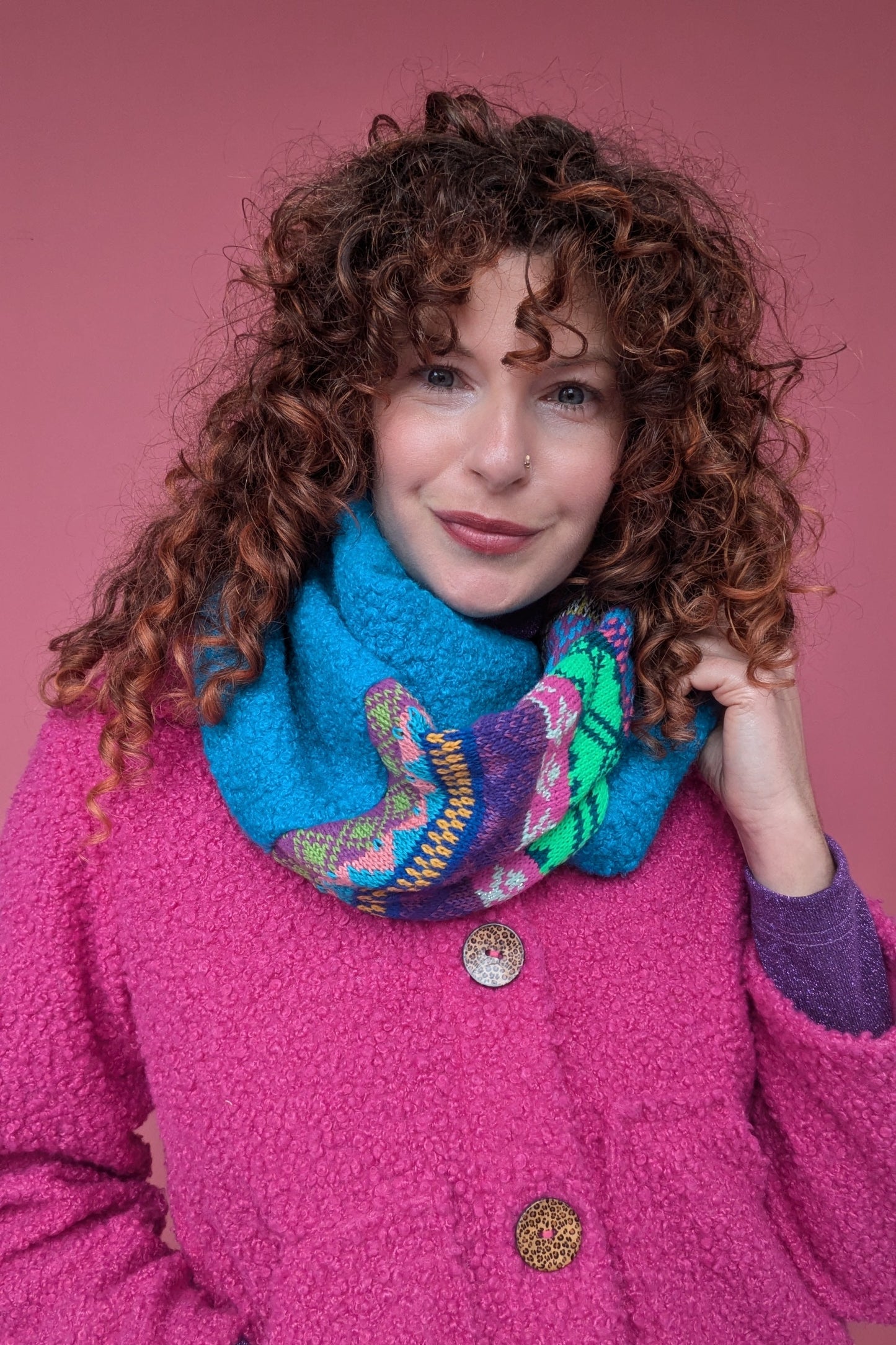 Infinity Scarf in Blue Fairisle Knit and Boucle