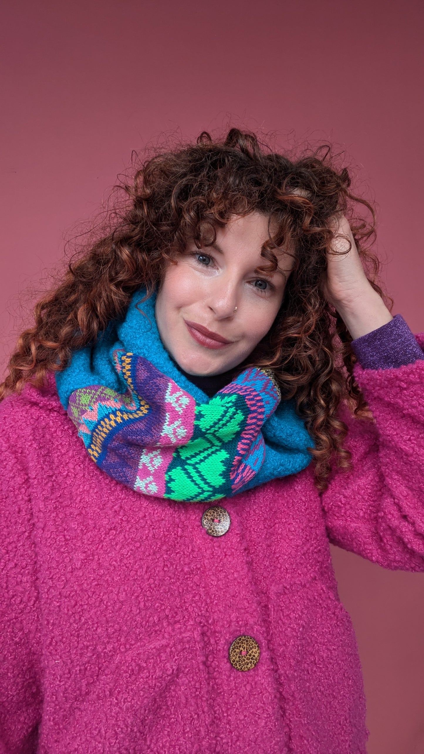 Infinity Scarf in Blue Fairisle Knit and Boucle