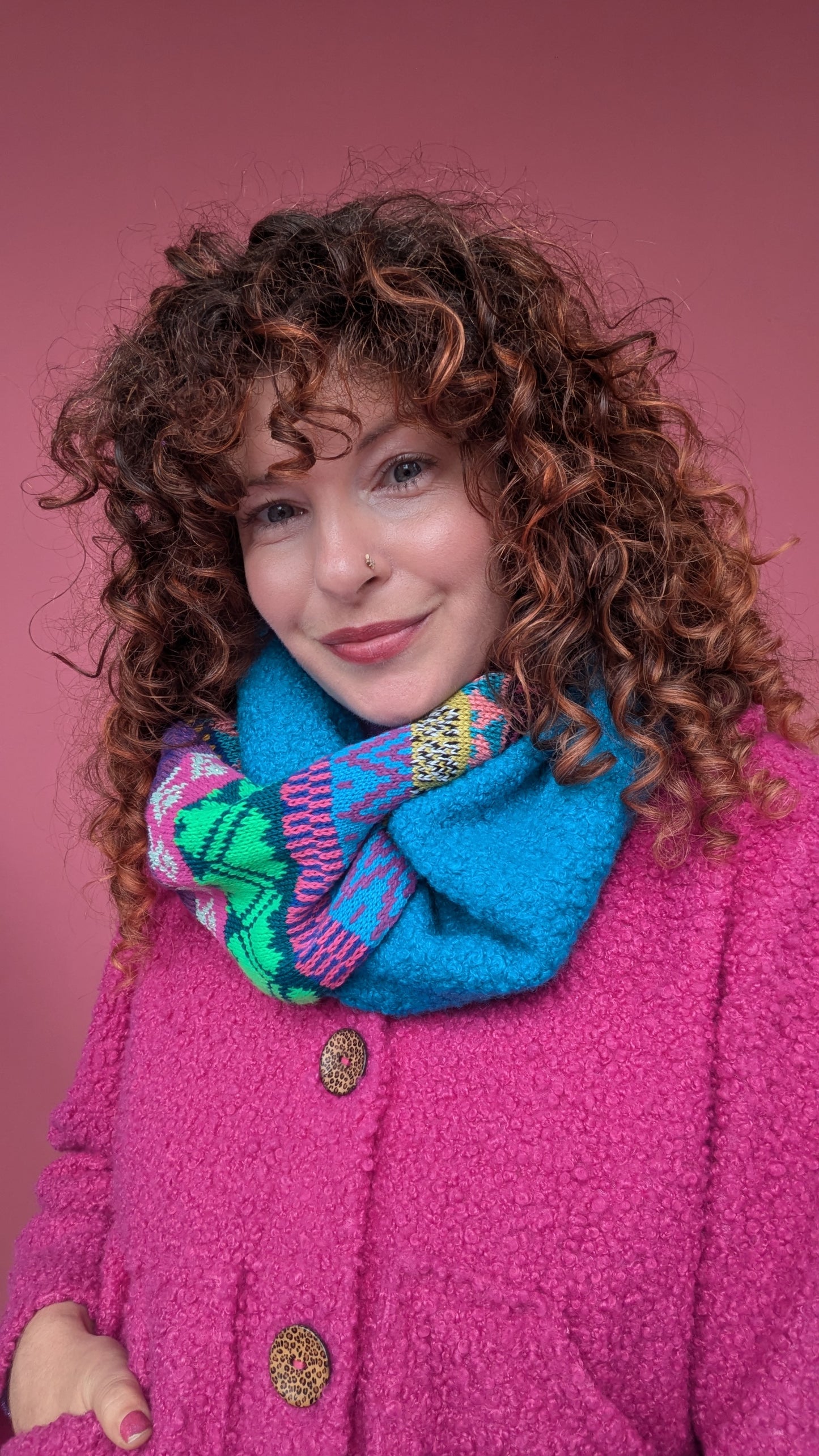 Infinity Scarf in Blue Fairisle Knit and Boucle