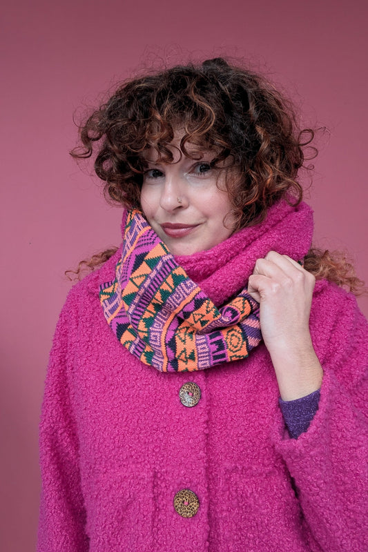 Infinity Scarf in Pink Fairisle Knit and Boucle