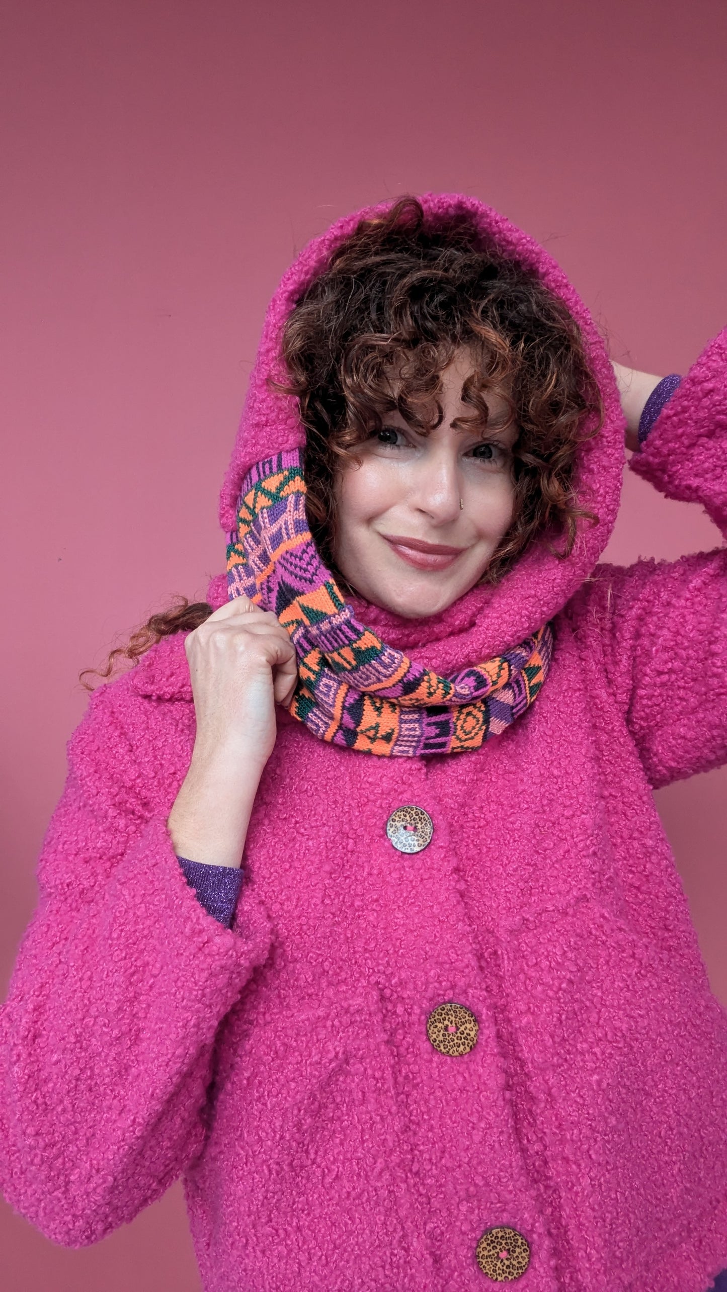 Infinity Scarf in Pink Fairisle Knit and Boucle