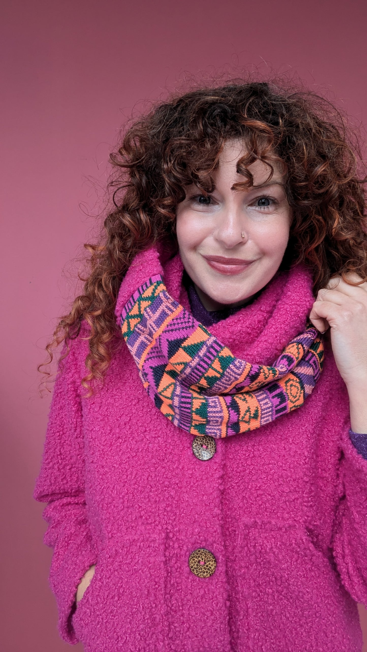 Infinity Scarf in Pink Fairisle Knit and Boucle