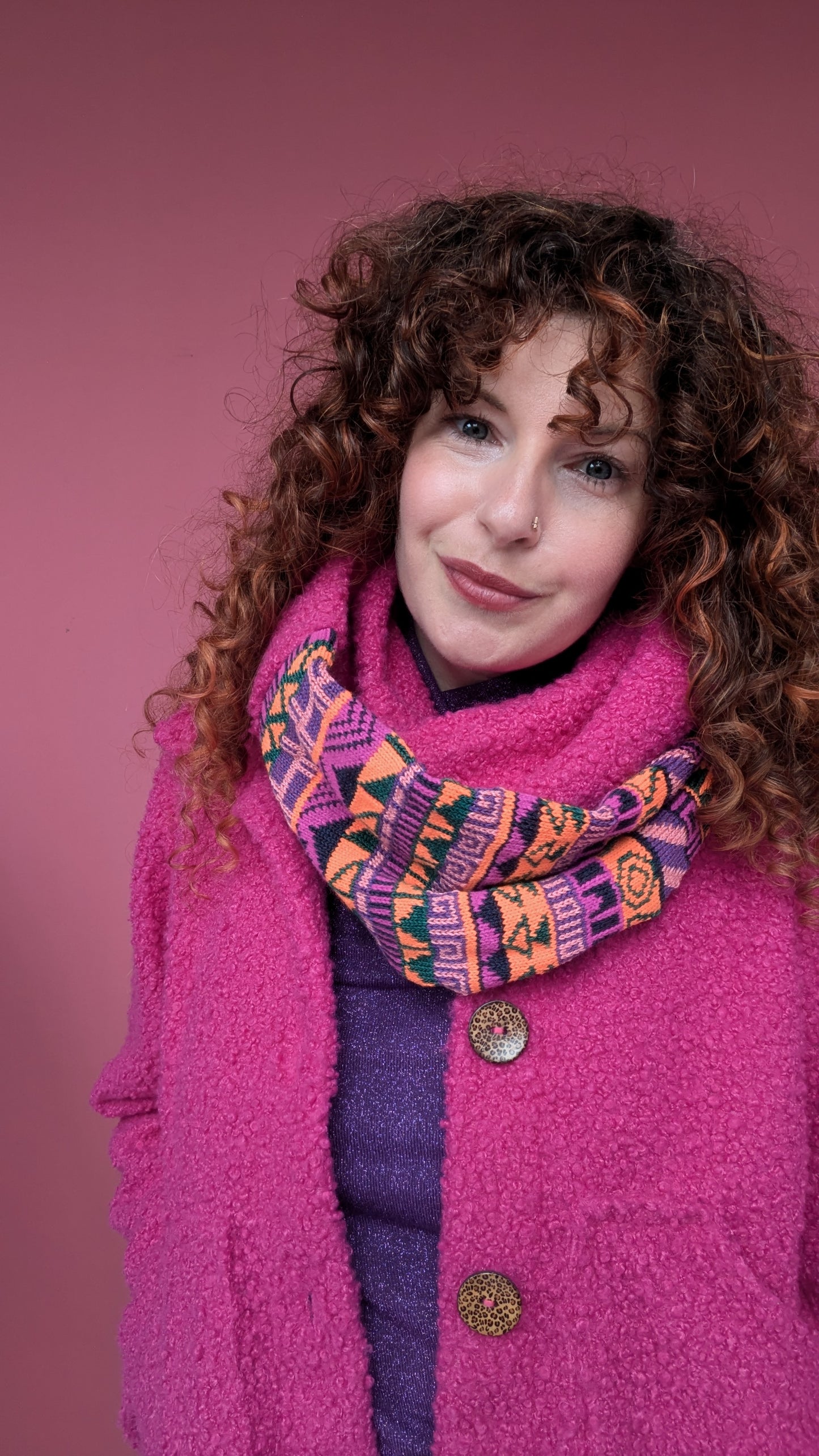 Infinity Scarf in Pink Fairisle Knit and Boucle