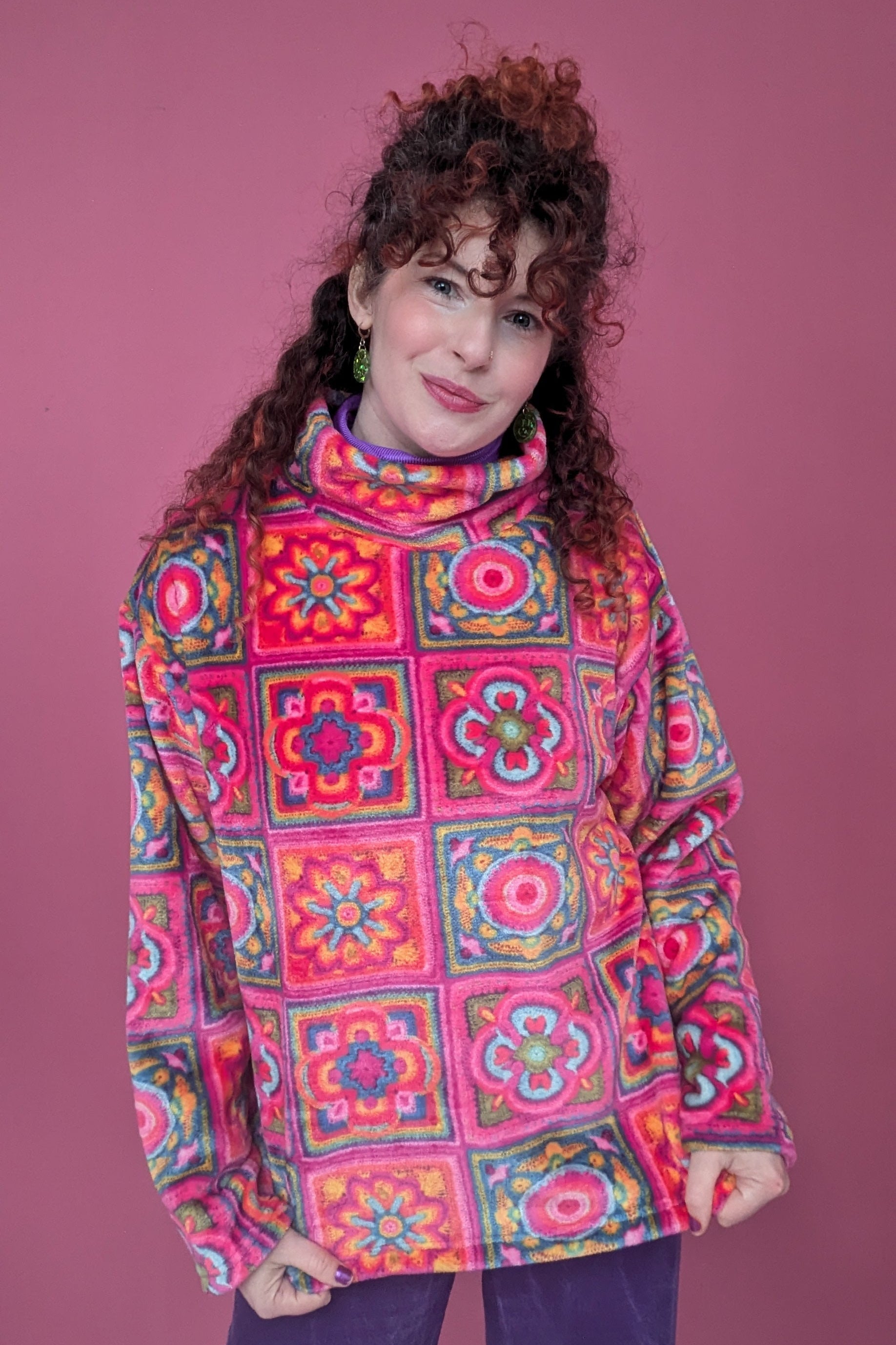 Funnel Neck Pullover in Pink Crochet Cuddle Fleece - Megan Crook