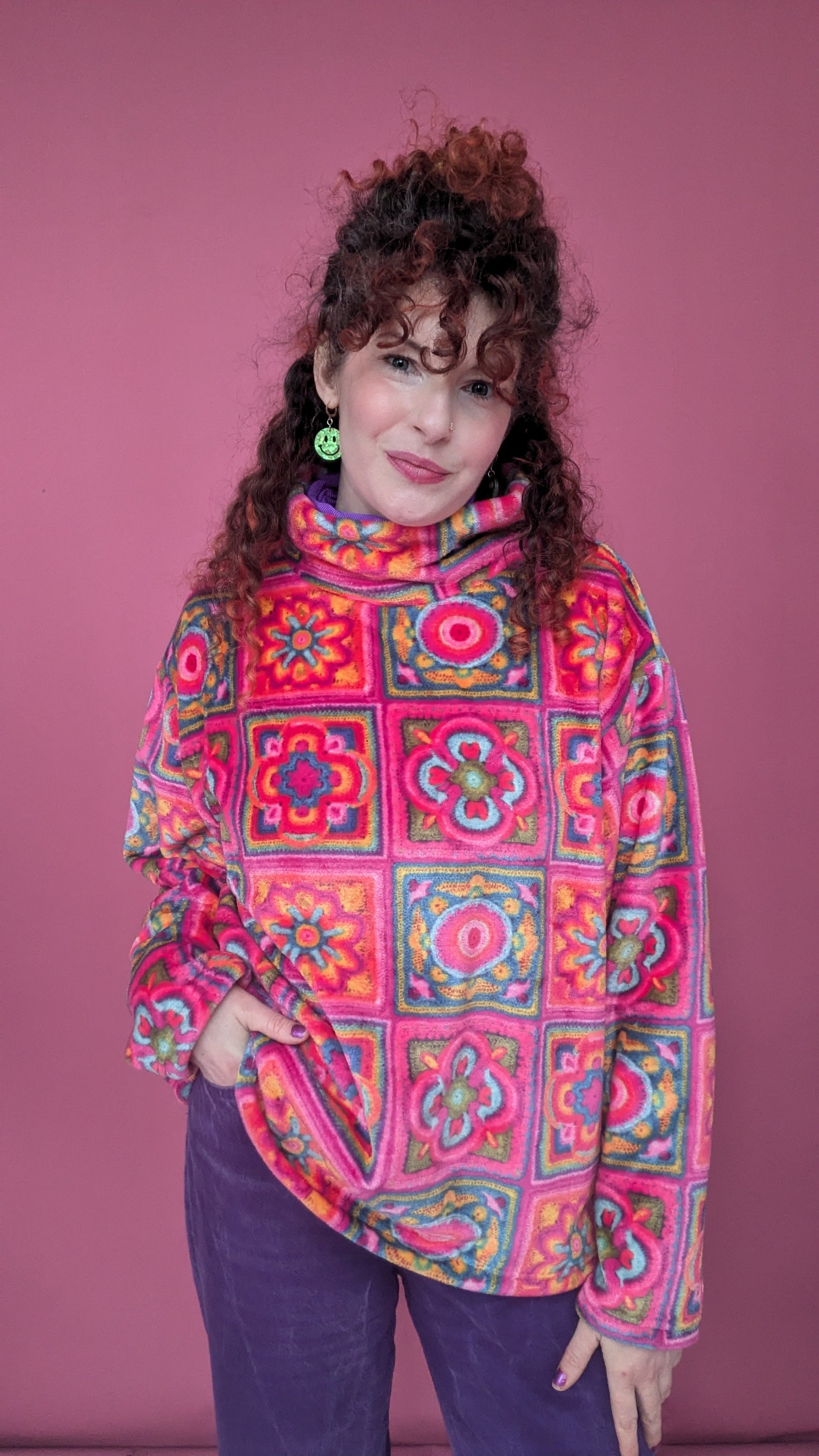 Funnel Neck Pullover in Pink Crochet Cuddle Fleece - Megan Crook