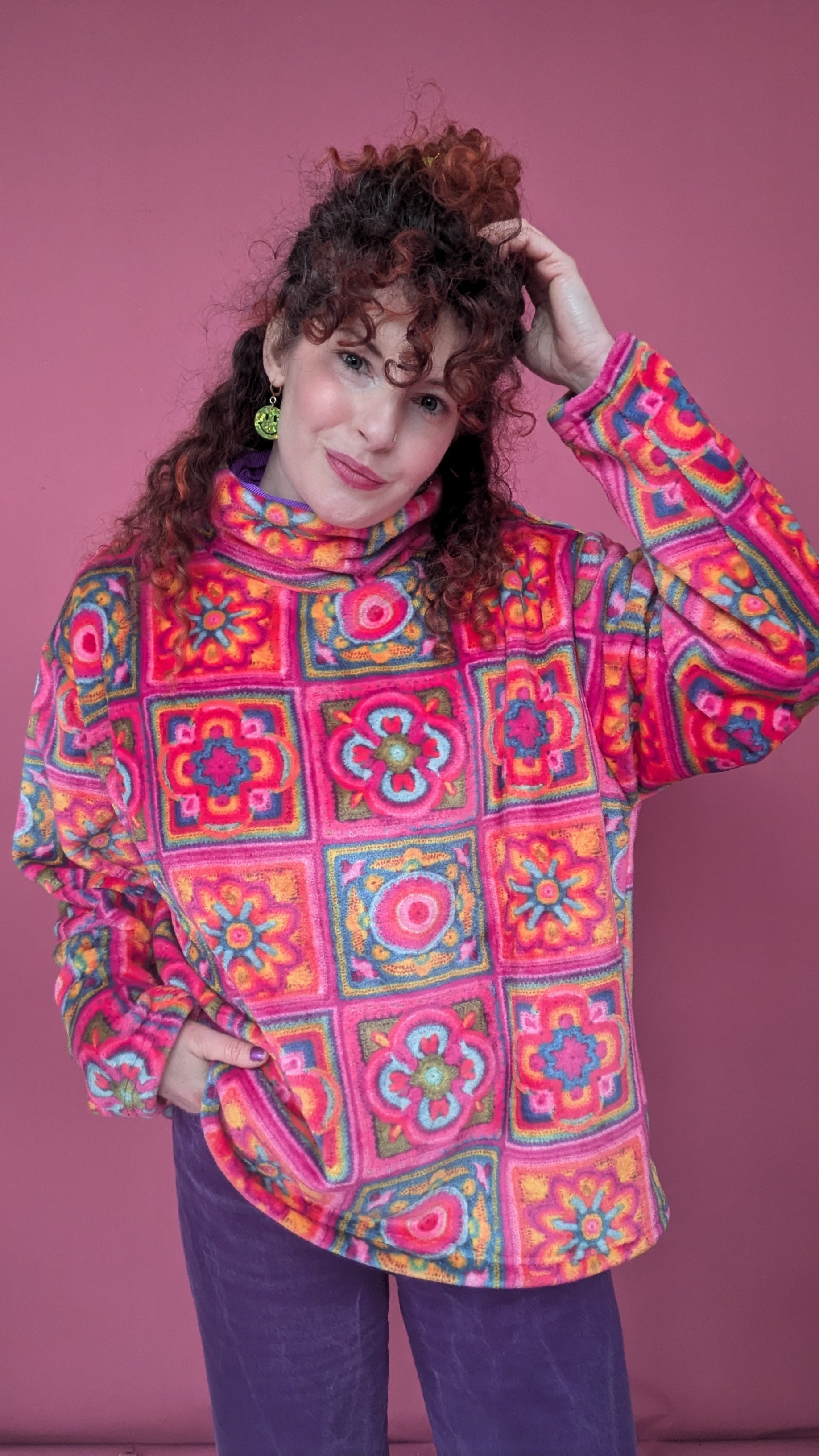 Funnel Neck Pullover in Pink Crochet Cuddle Fleece - Megan Crook