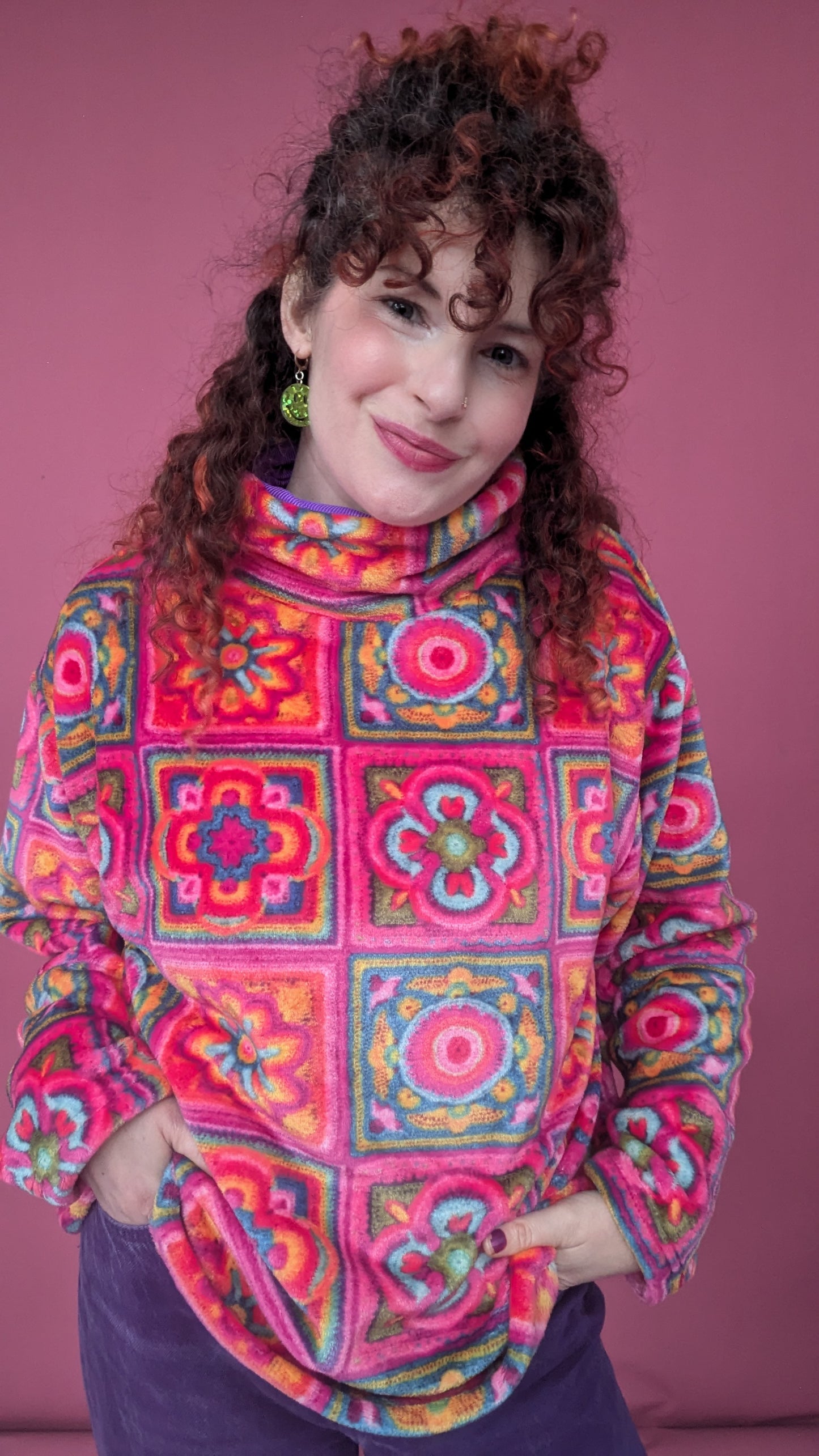 Funnel Neck Pullover in Pink Crochet Cuddle Fleece