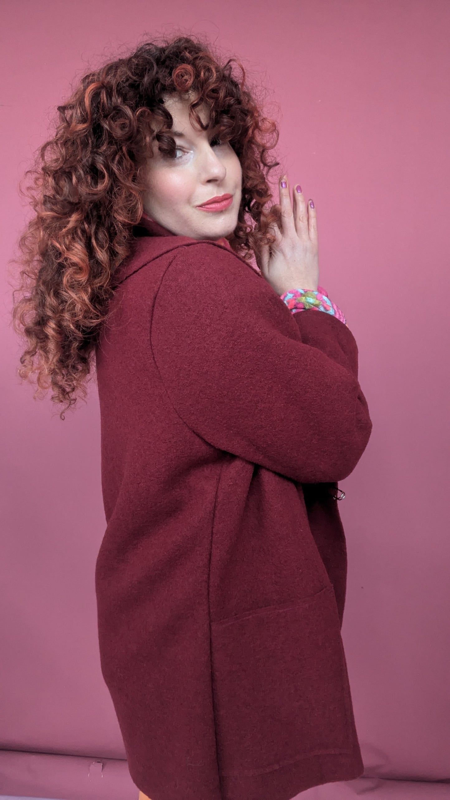 Short Boiled Wool Coat in Wine