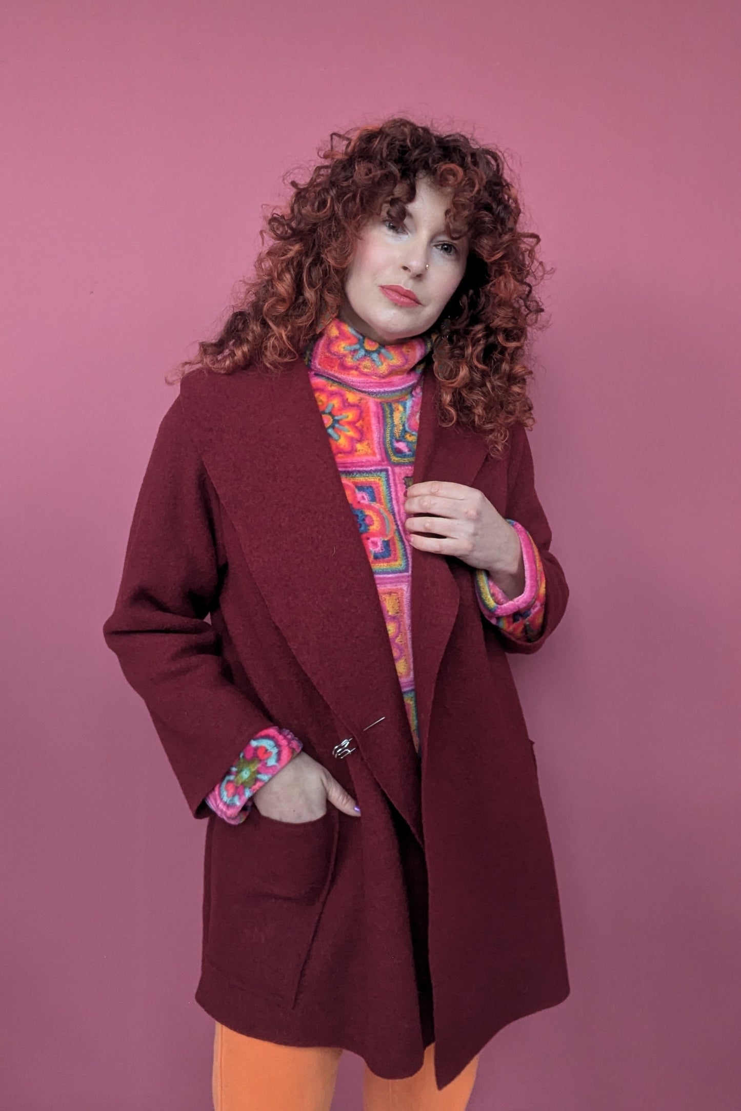 Short Boiled Wool Coat in Wine