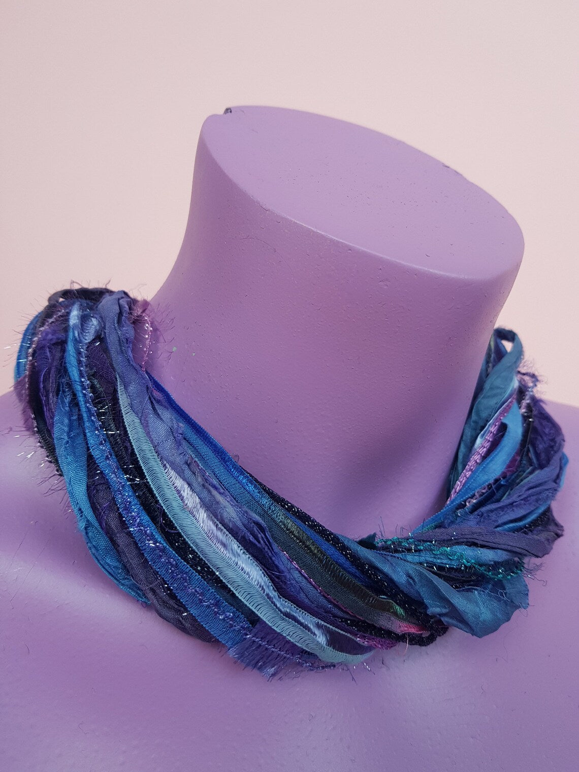 Silk Yarn Necklace in Blue and Purple