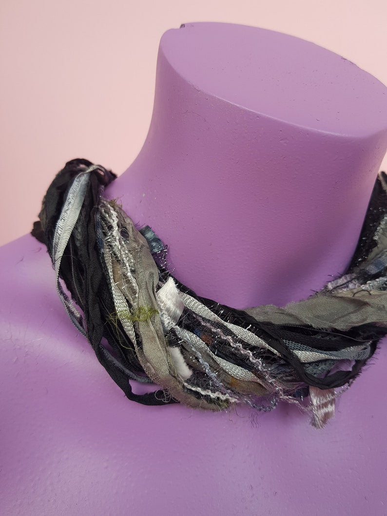 Silk Yarn Necklace in Grey and Black