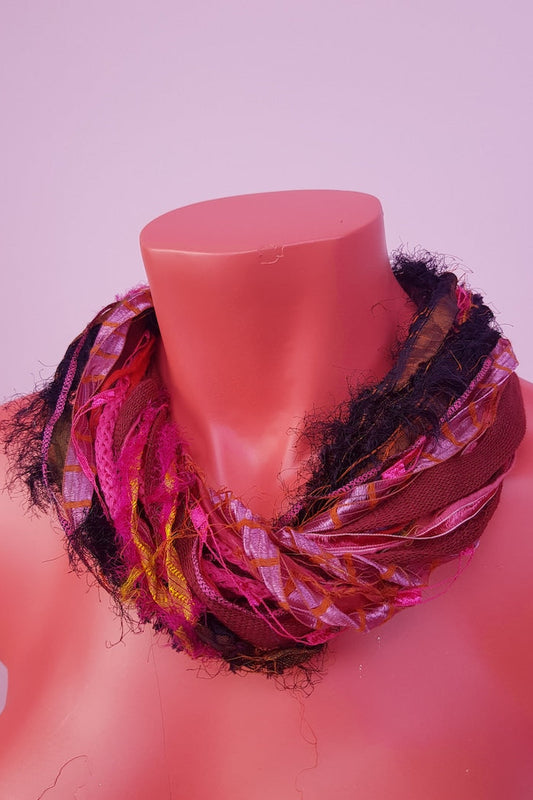 Silk Yarn Necklace in Pink and Red
