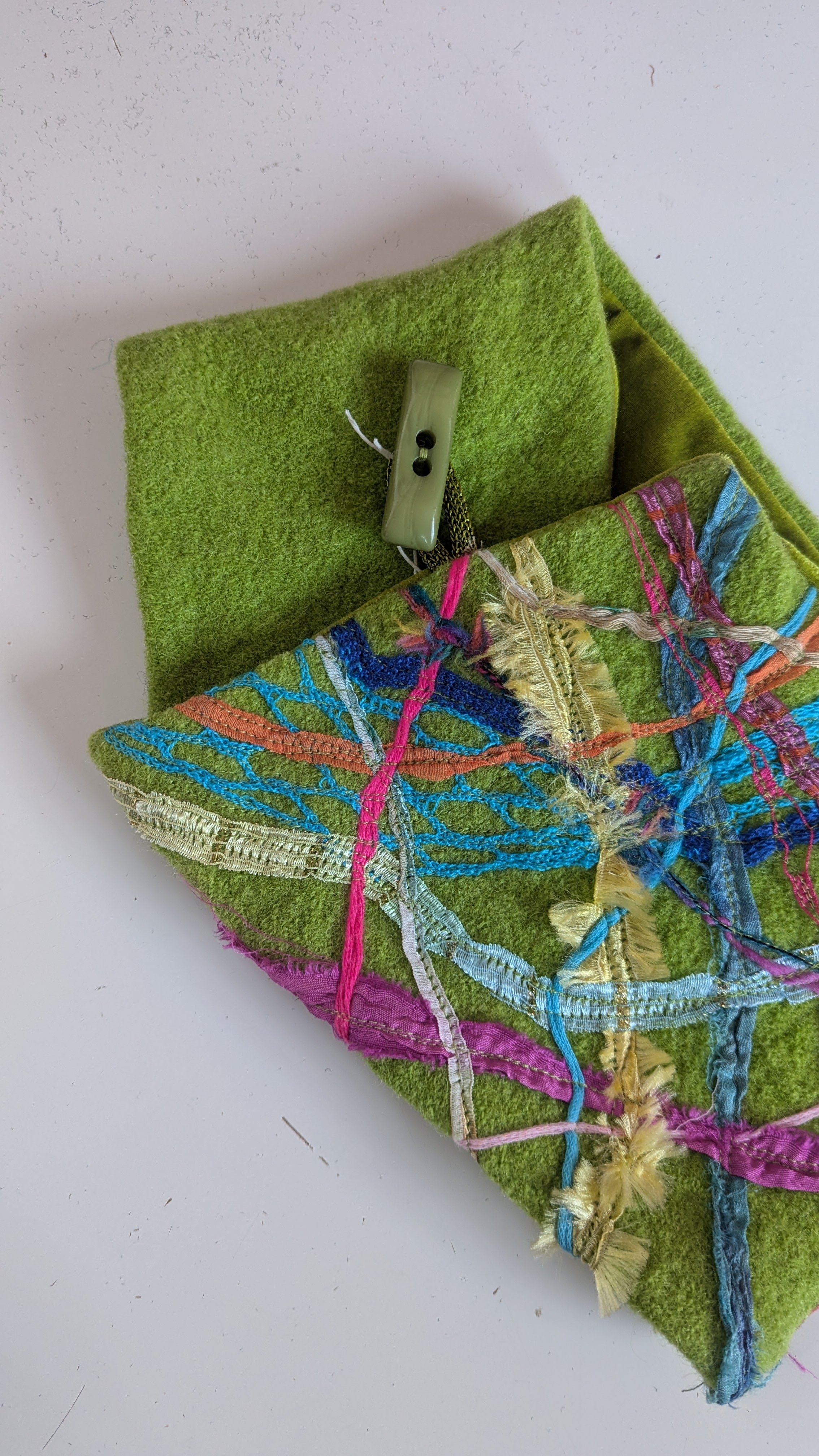 Embellished Wool & Velvet Neck Wrap in Lime Green - Megan Crook