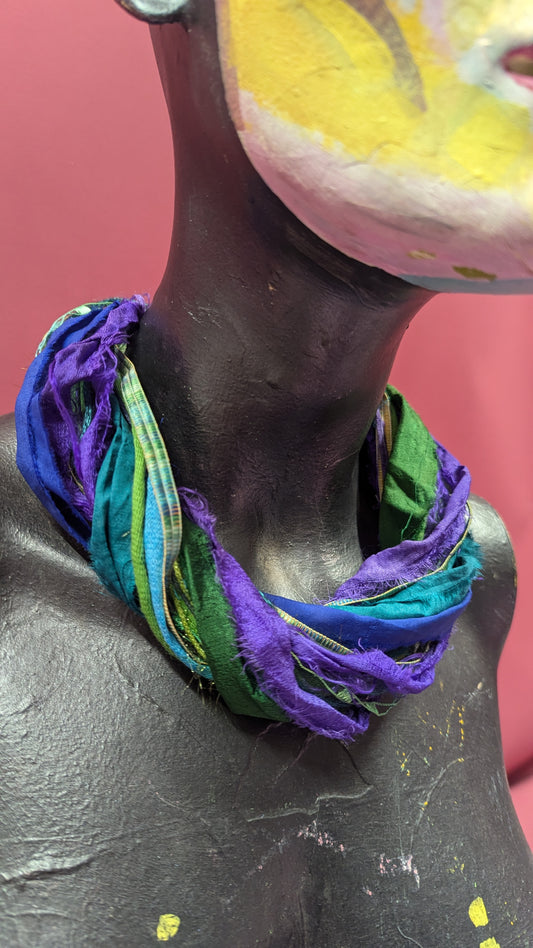 Silk Yarn Necklace in Purple, Green and Blue Tones
