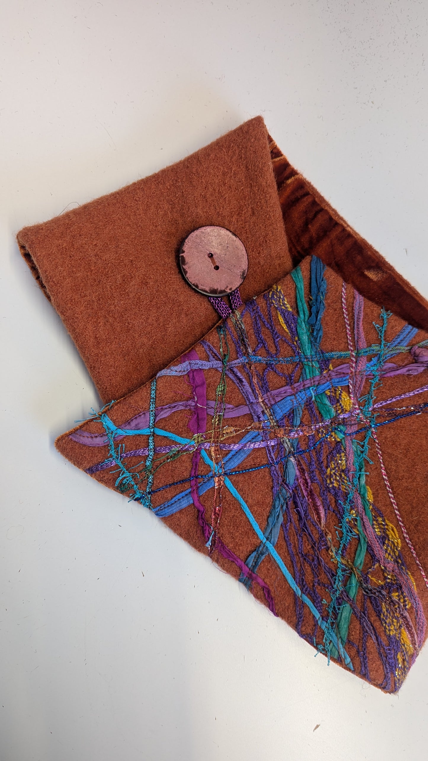 Embellished Wool & Velvet Neck Wrap in Burnt Orange