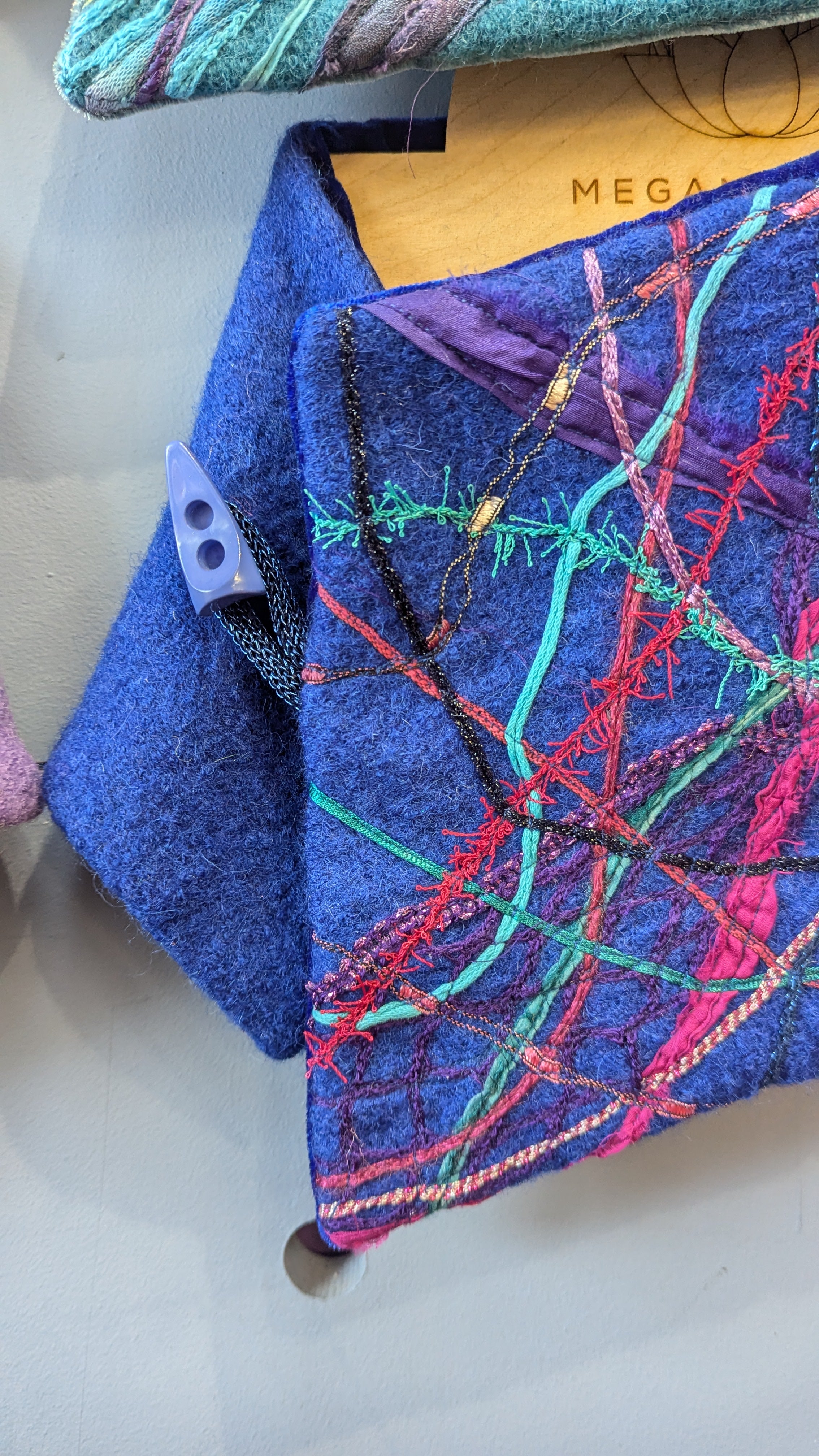 Embellished Wool & Velvet Neck Wrap in Royal Blue - Megan Crook