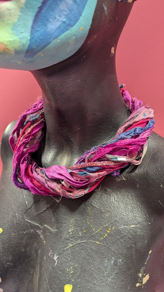Silk Yarn Necklace in Berry