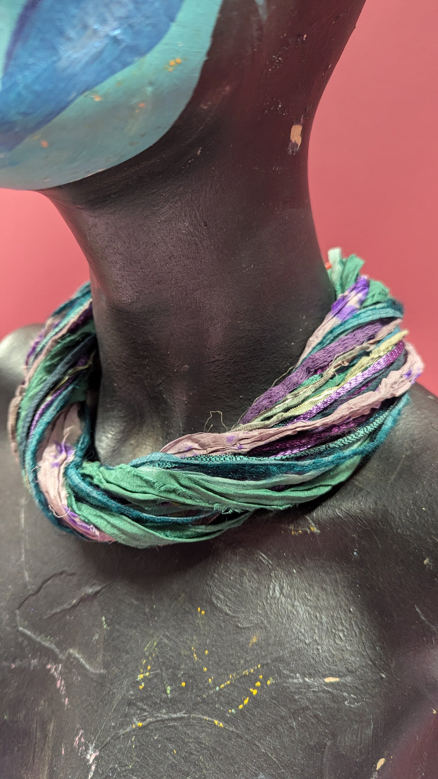 Silk Yarn Necklace in Aqua Plum