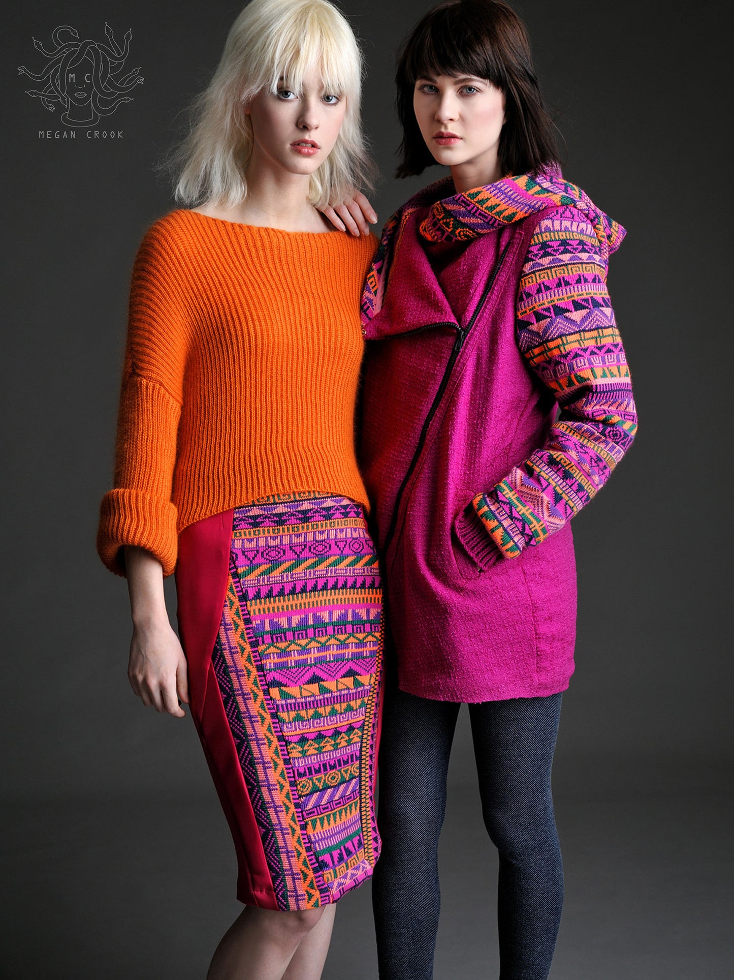 Fair Isle Pencil Skirt in Pink, Orange, and Purple Geometric Pattern - Skirt - Megan Crook