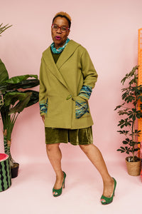 Embellished Short Wool Coat in Olive Green