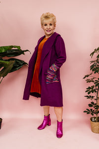 Embellished Long Wool Coat in Berry