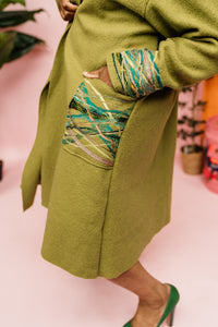 Embellished Long Wool Coat in Olive Green