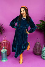 Load image into Gallery viewer, Velvet Ruffle Smock Dress in Teal
