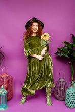 Load image into Gallery viewer, Velvet Ruffle Smock Dress in Olive Green