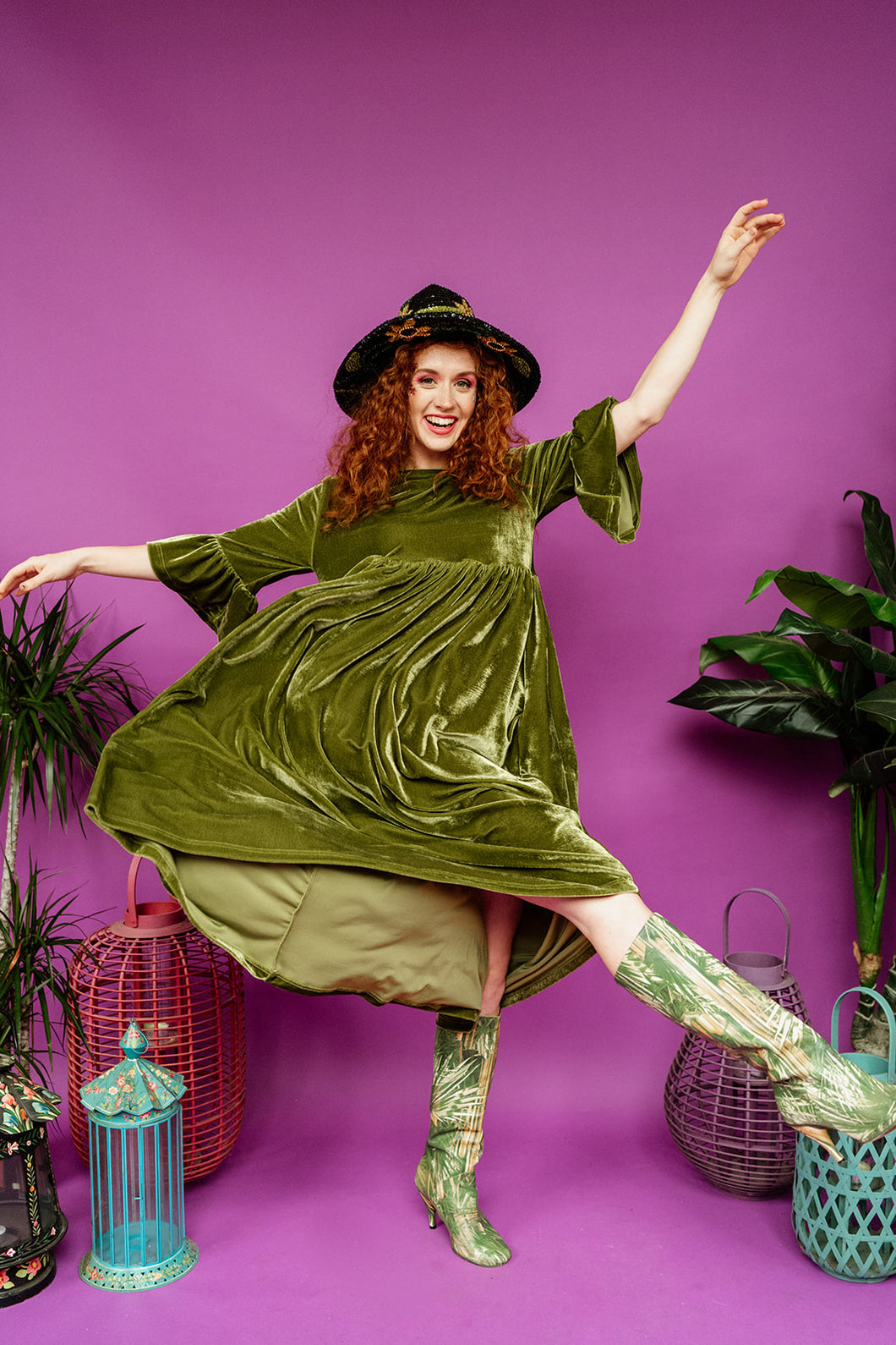 Velvet Ruffle Smock Dress in Olive Green