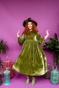 Velvet Ruffle Smock Dress in Olive Green