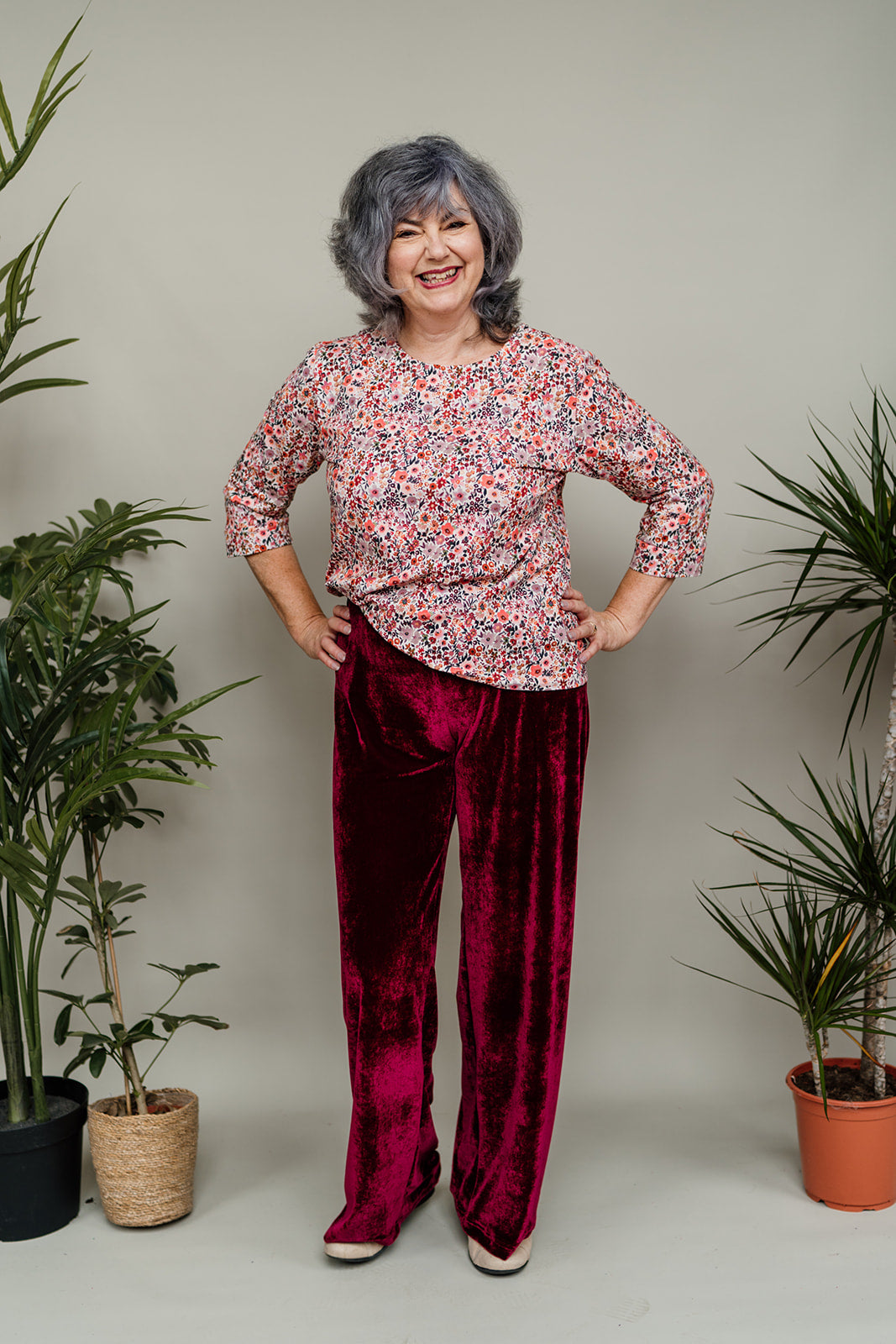 Velvet Straight Leg Trousers in Burgundy - Megan Crook