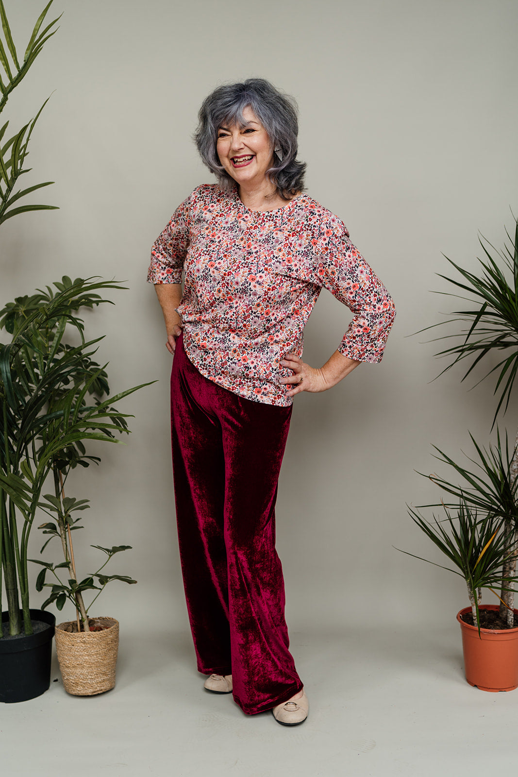 Velvet Straight Leg Trousers in Burgundy