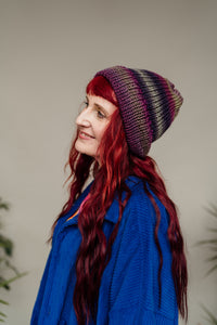 Striped Beanie Hat in Plum and Green